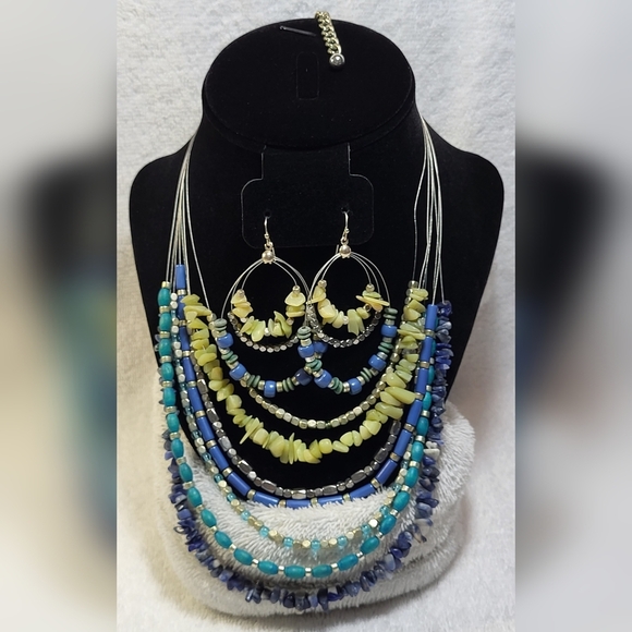 CHICO'S Blue and Green Beaded Wire Necklace and Dangle Earrings Set / Pierced - Picture 1 of 5